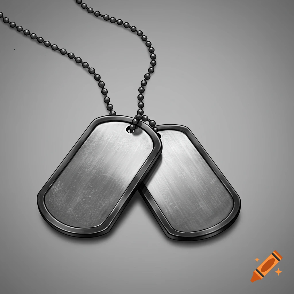 Two metallic military dog tags with a scratched texture hanging on a chain against a gray background.