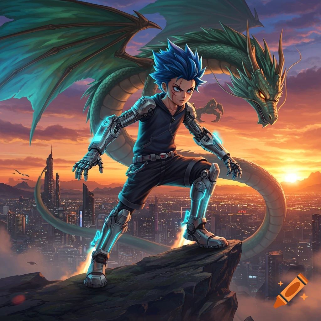 Anime boy with blue hair and robot limbs on a cliff with a large green dragon, overlooking a futuristic city at sunset.