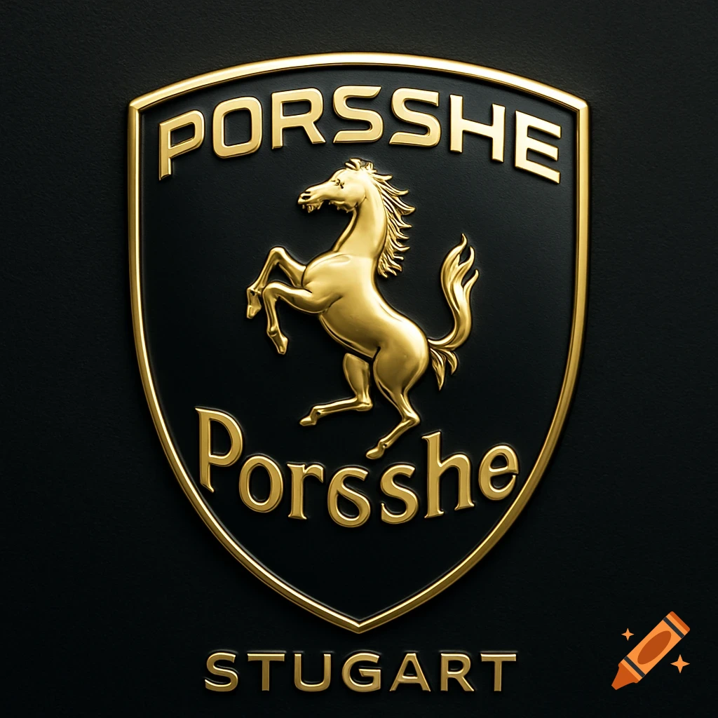 A gold and black emblem resembling the Porsche logo, with a rearing horse in the center. The text above the horse reads 'PORSSHE', below the horse 'Poreshe', and at the bottom 'STUGART'.