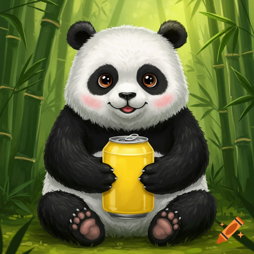 A cute cartoon panda sits in a bamboo forest, holding a blank yellow soda can.