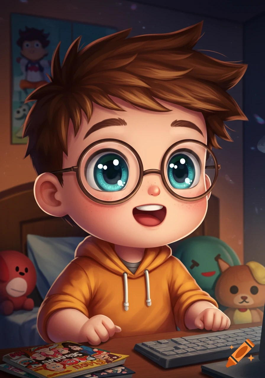 A chibi boy with glasses and a brown hoodie sits at a desk with a keyboard and books, smiling happily.