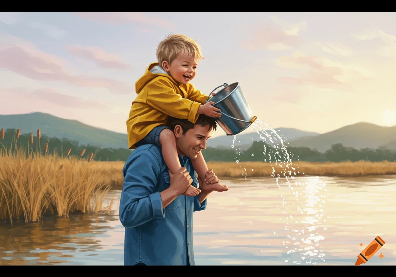 A joyful boy on his father's shoulders pours water from a bucket into a lake at sunset, surrounded by reeds and mountains.