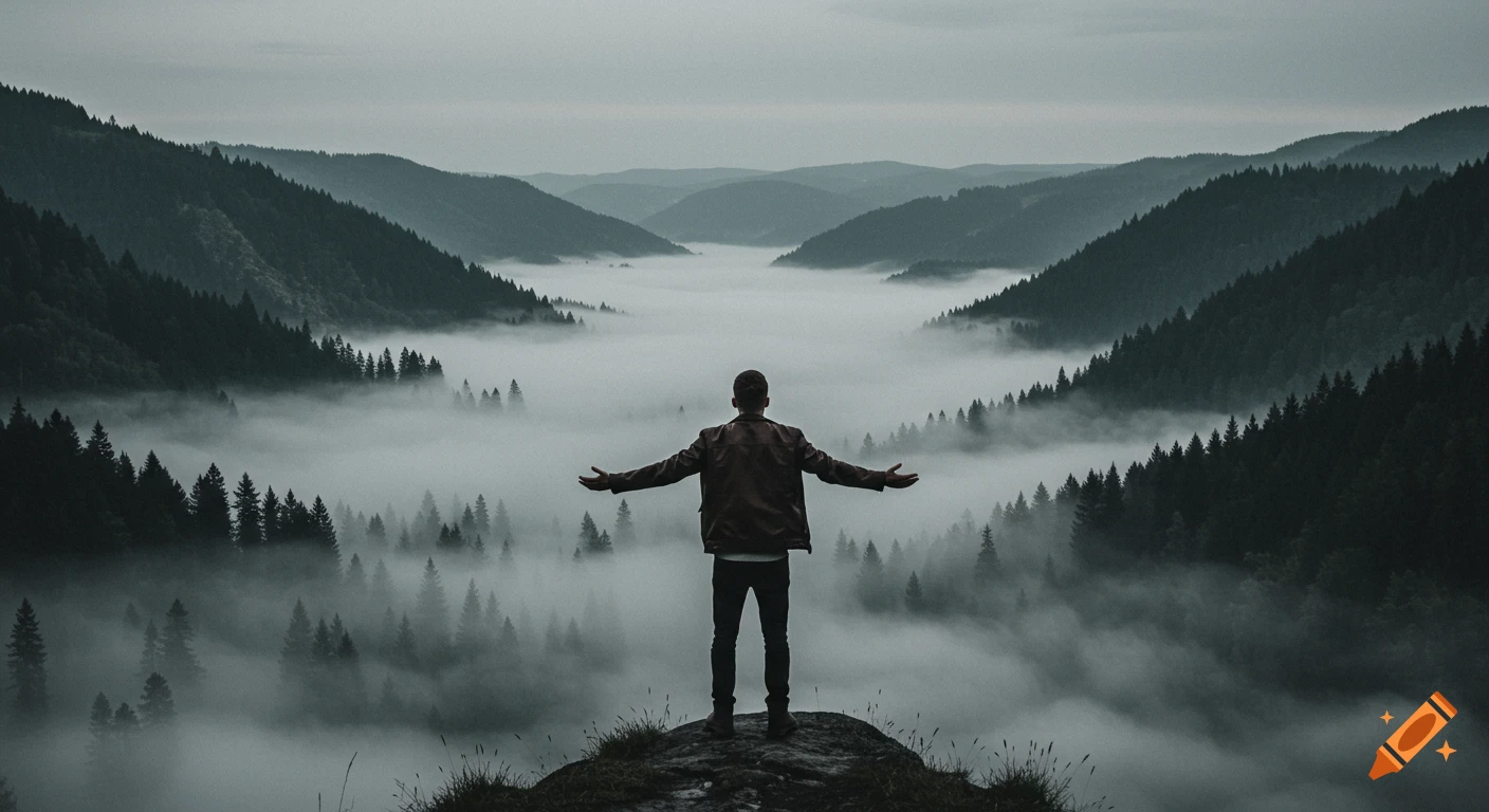 A person stands with arms outstretched on a cliff overlooking a foggy valley and pine forests.