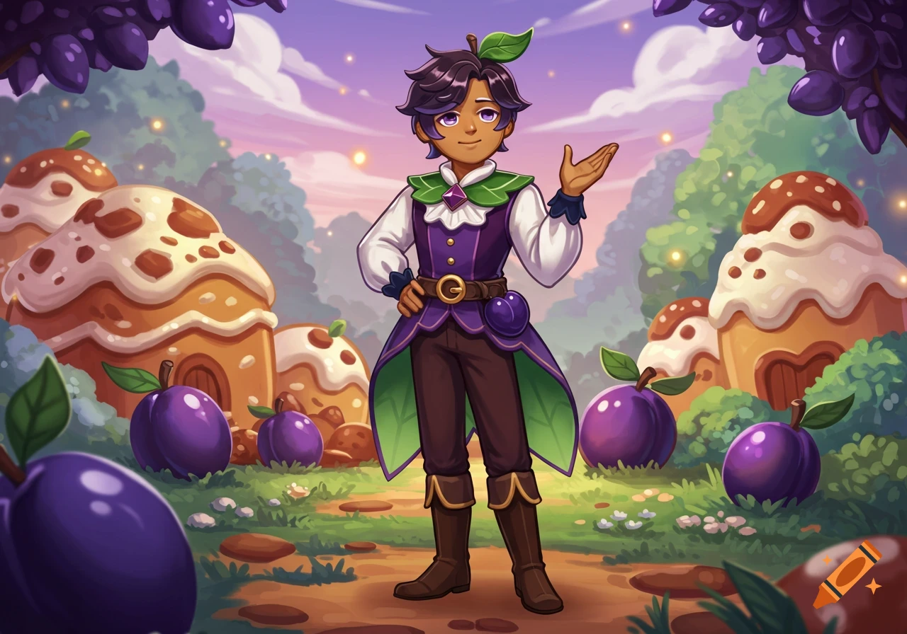 A whimsical cartoon character in purple and green plum-themed attire stands in a fantasy landscape with large plums and cake-like houses.