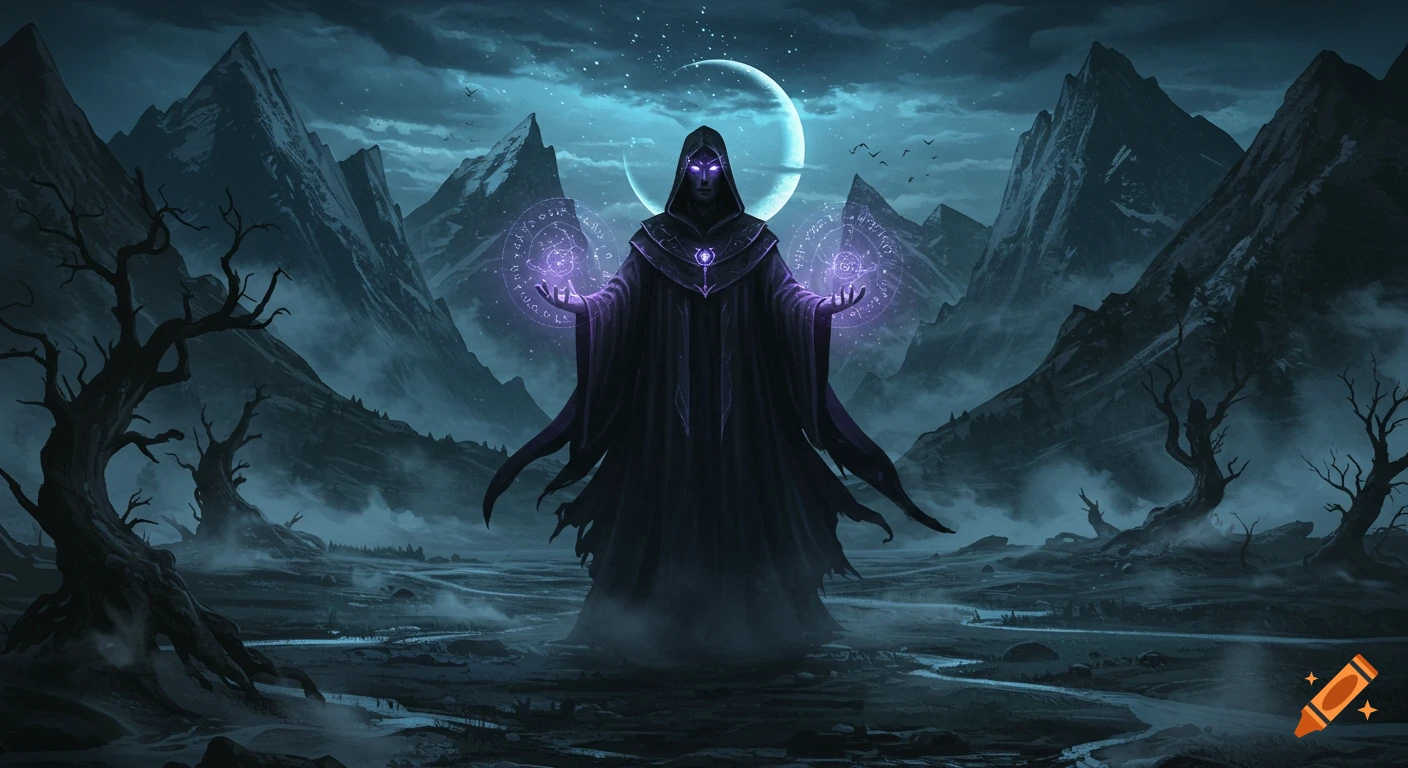 A dark wizard casts purple magic in a misty, mountainous landscape under a crescent moon, dark fantasy art.