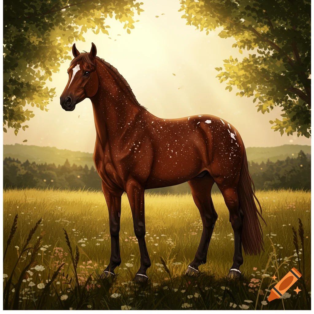 A brown horse with white speckles stands in a sunlit grassy field surrounded by trees, in an illustrative style.