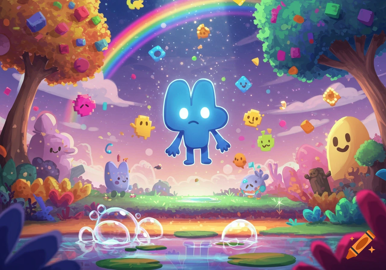 A blue character shaped like the number four floats above a fantastical landscape with smaller colorful creatures, a rainbow, and glowing water.