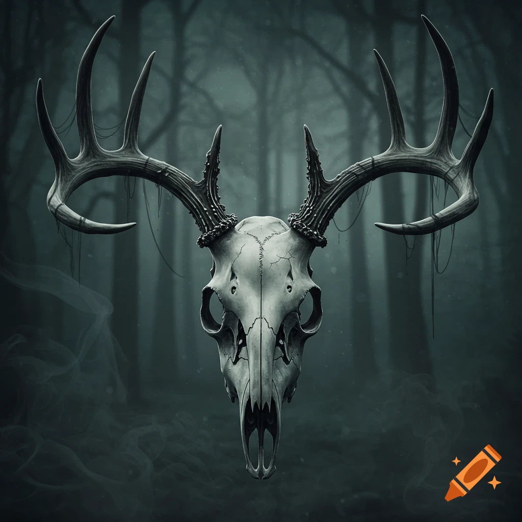 A dark, ethereal image of a skeletal deer skull with large antlers, centered against a misty, dark forest background.