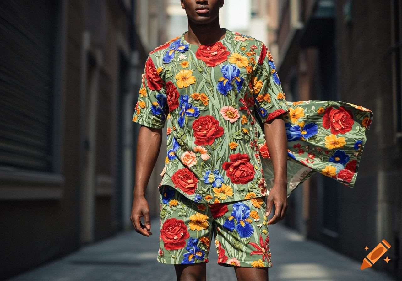 Photorealistic image of a Black man in a green floral shirt and shorts, standing in an alley.