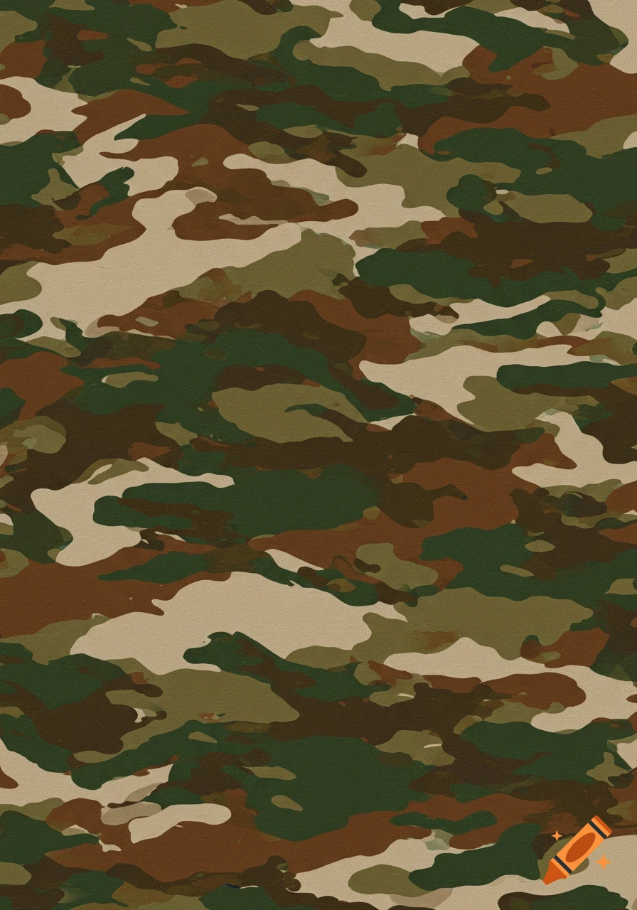 A close-up view of a camouflage pattern featuring shades of green, brown, and tan.