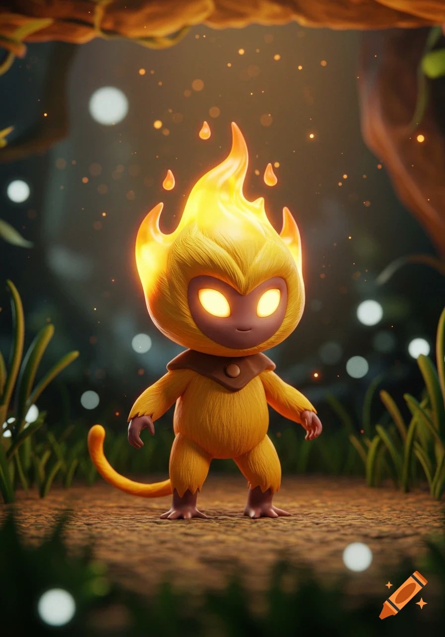 A small, yellow, furry creature with a flaming head and glowing eyes stands in a lush forest in a 3D render style.