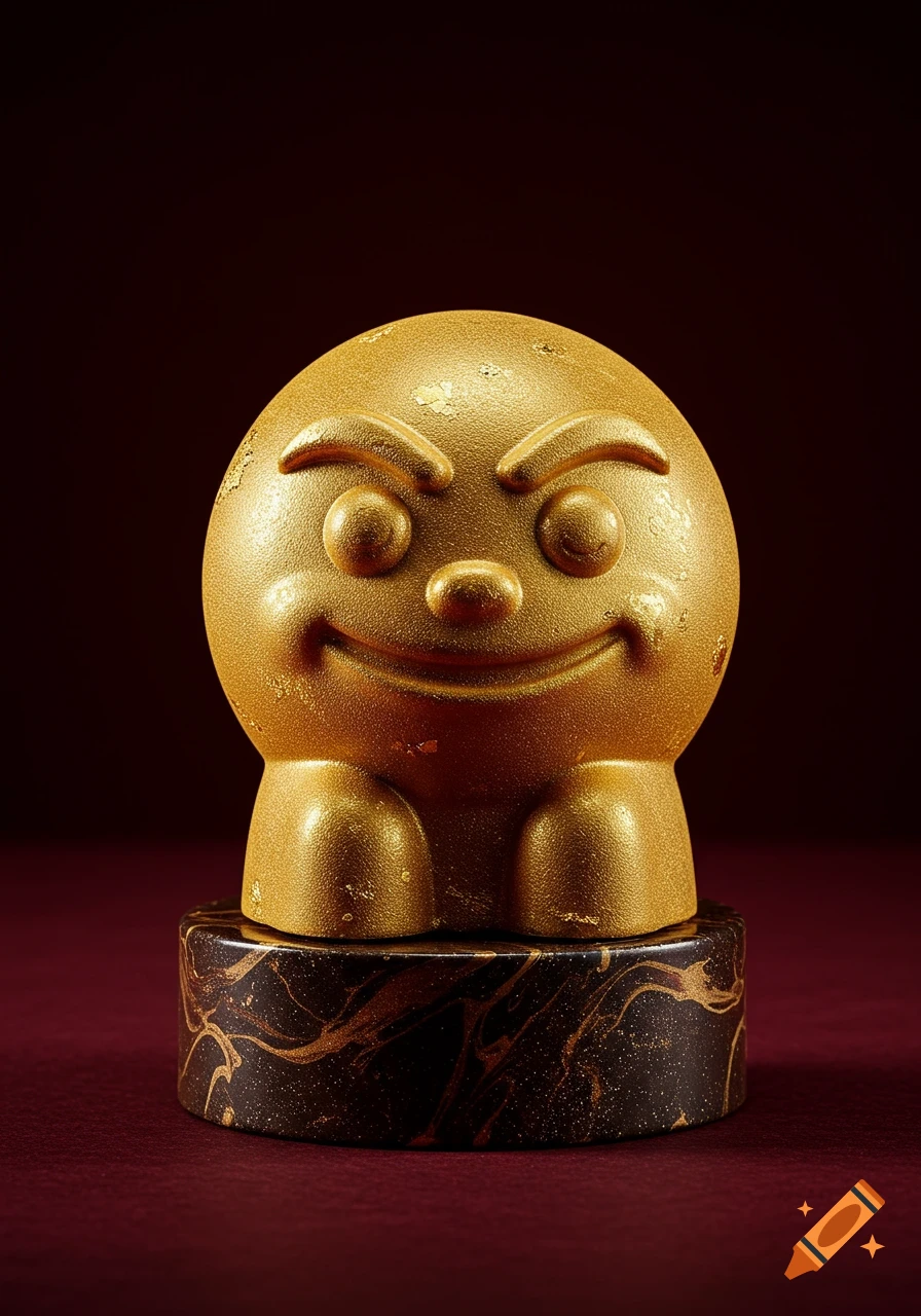 A golden, textured figurine with a smiling face stands on a dark marble base against a deep red background.