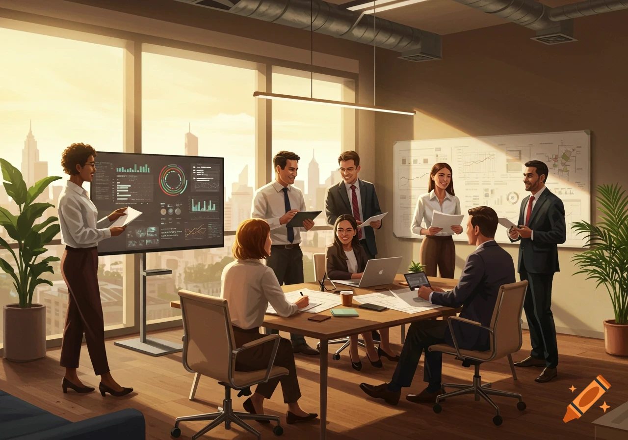 A diverse group of professionals in a modern office having a meeting, with charts on a large screen and a cityscape outside the window.