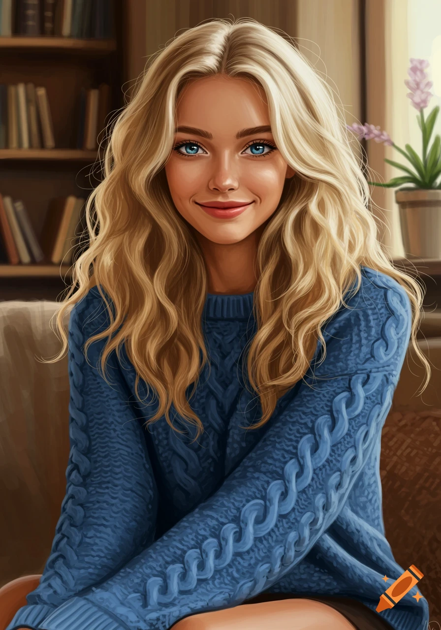 Digital art portrait of a smiling blonde woman with blue eyes, wearing a blue cable-knit sweater, in an indoor setting.
