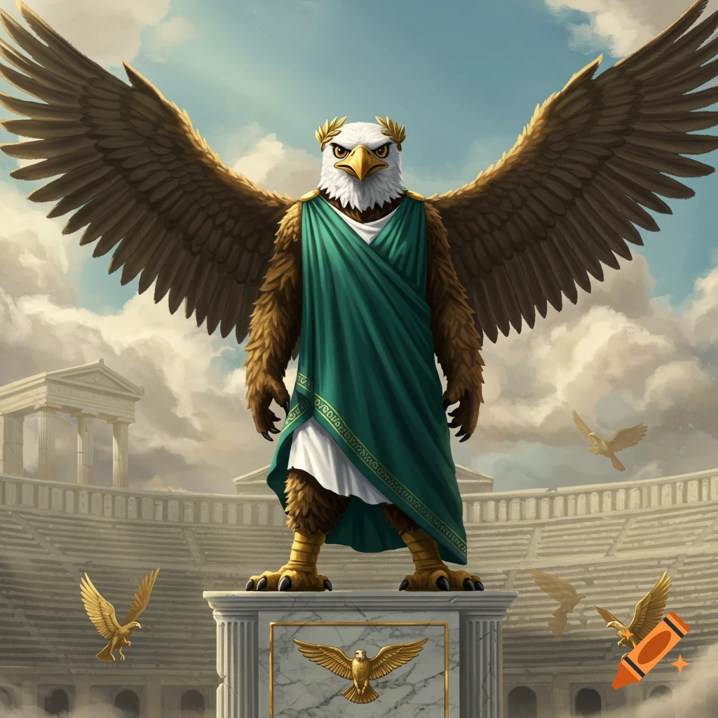 An anthropomorphic eagle in a green toga and laurel wreath stands on a pedestal in a Greek stadium.