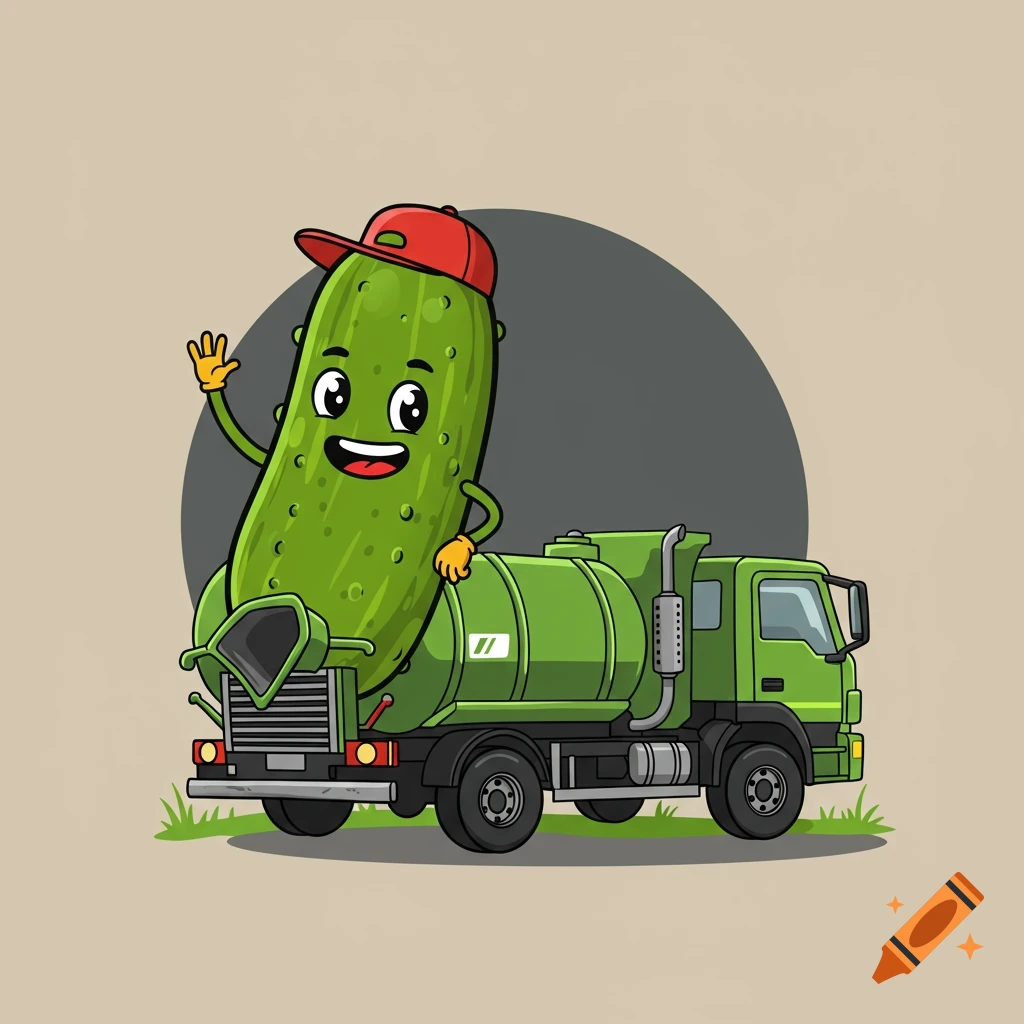 A smiling cartoon pickle in a red hat waves from the front of a green septic truck.