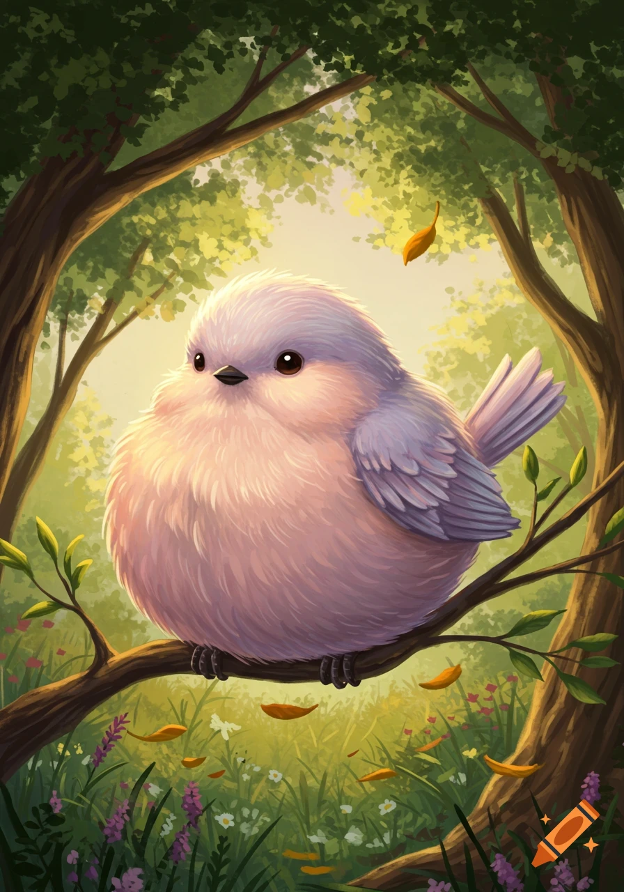 A fluffy, pinkish-purple bird with large eyes perches on a branch in a lush, green forest with sunlight filtering through.