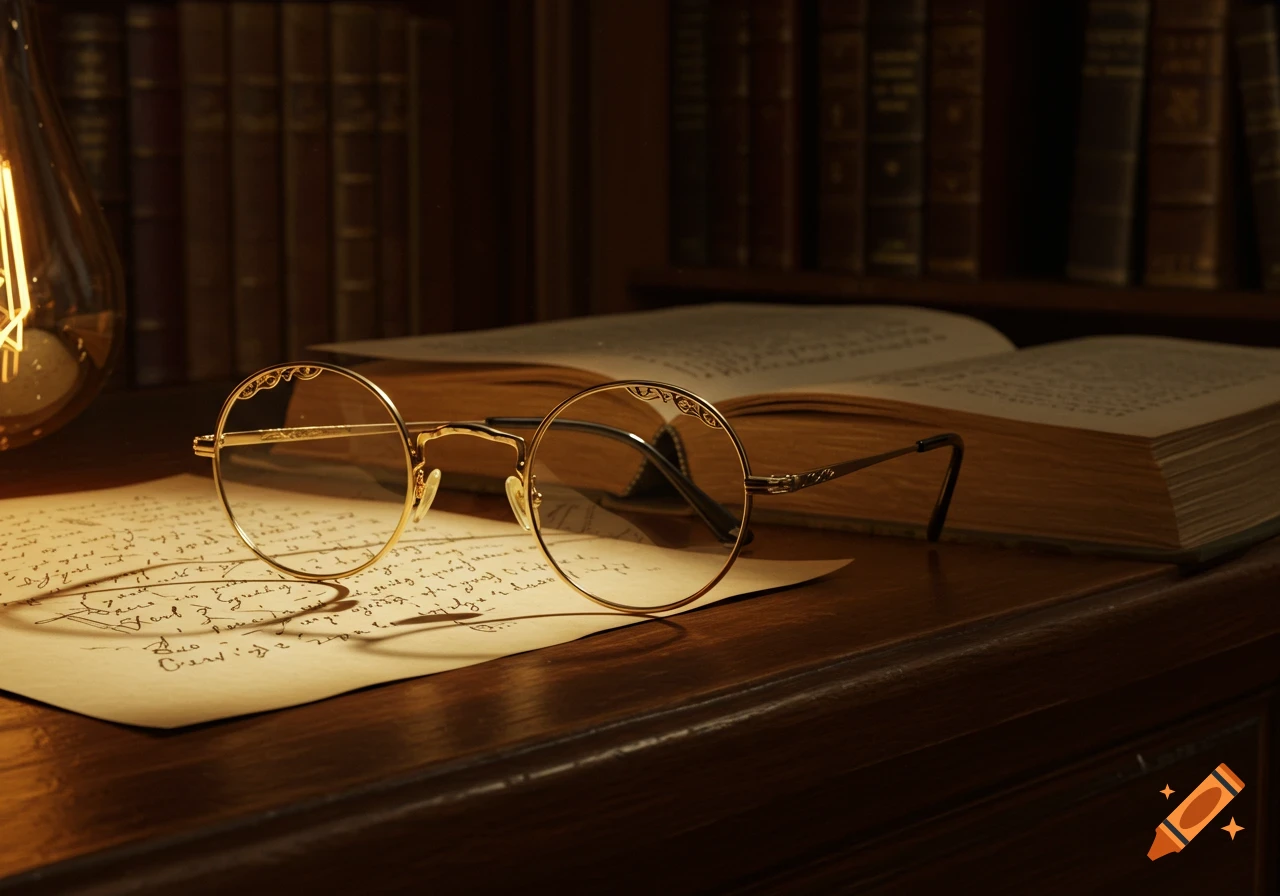 Gold-rimmed round glasses rest on a handwritten letter on a wooden desk, with an open book and bookshelf in the dim background.