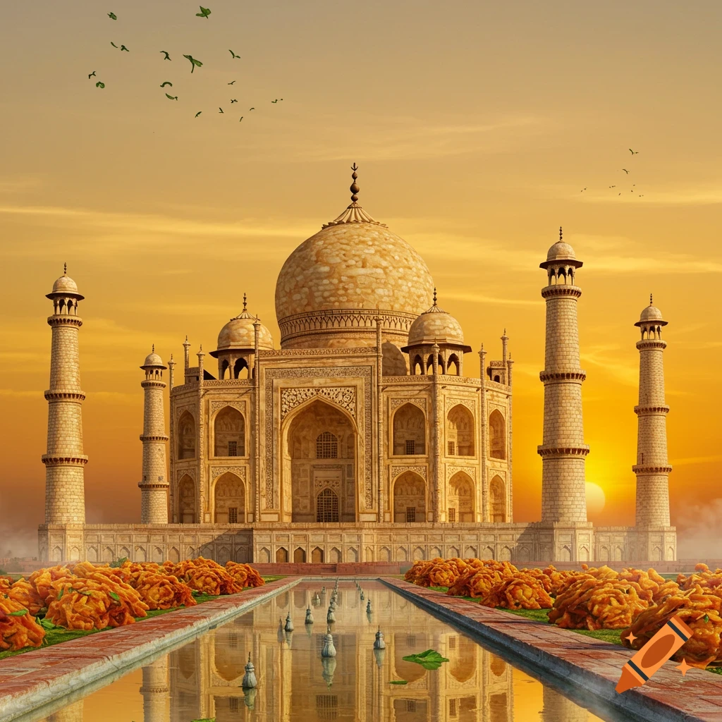 The Taj Mahal at sunset, appearing to be constructed from golden-brown onion fritters, reflected in a serene water channel lined with orange flowers.