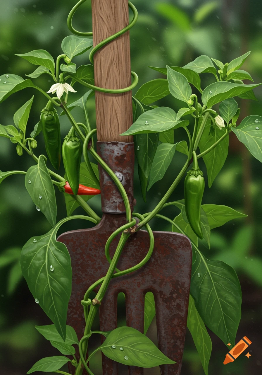 A close-up of a rustic gardening hoe with a vibrant green jalapeno vine, featuring green peppers, a red pepper, and white blossoms, wrapped around its wooden handle and metal head, with water droplets on the leaves.