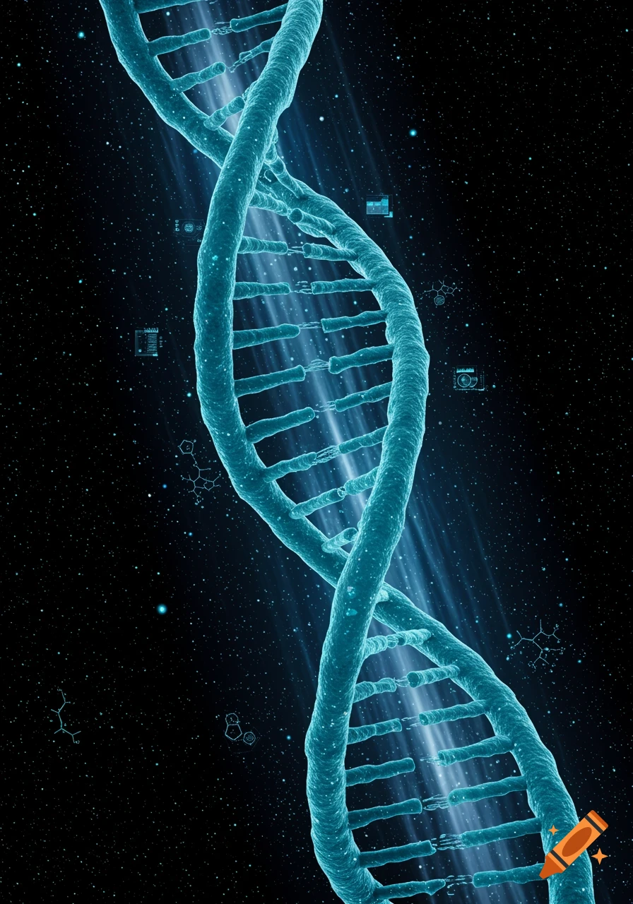 A glowing blue DNA double helix spirals against a dark background filled with stars, light rays, and faint molecular structures.