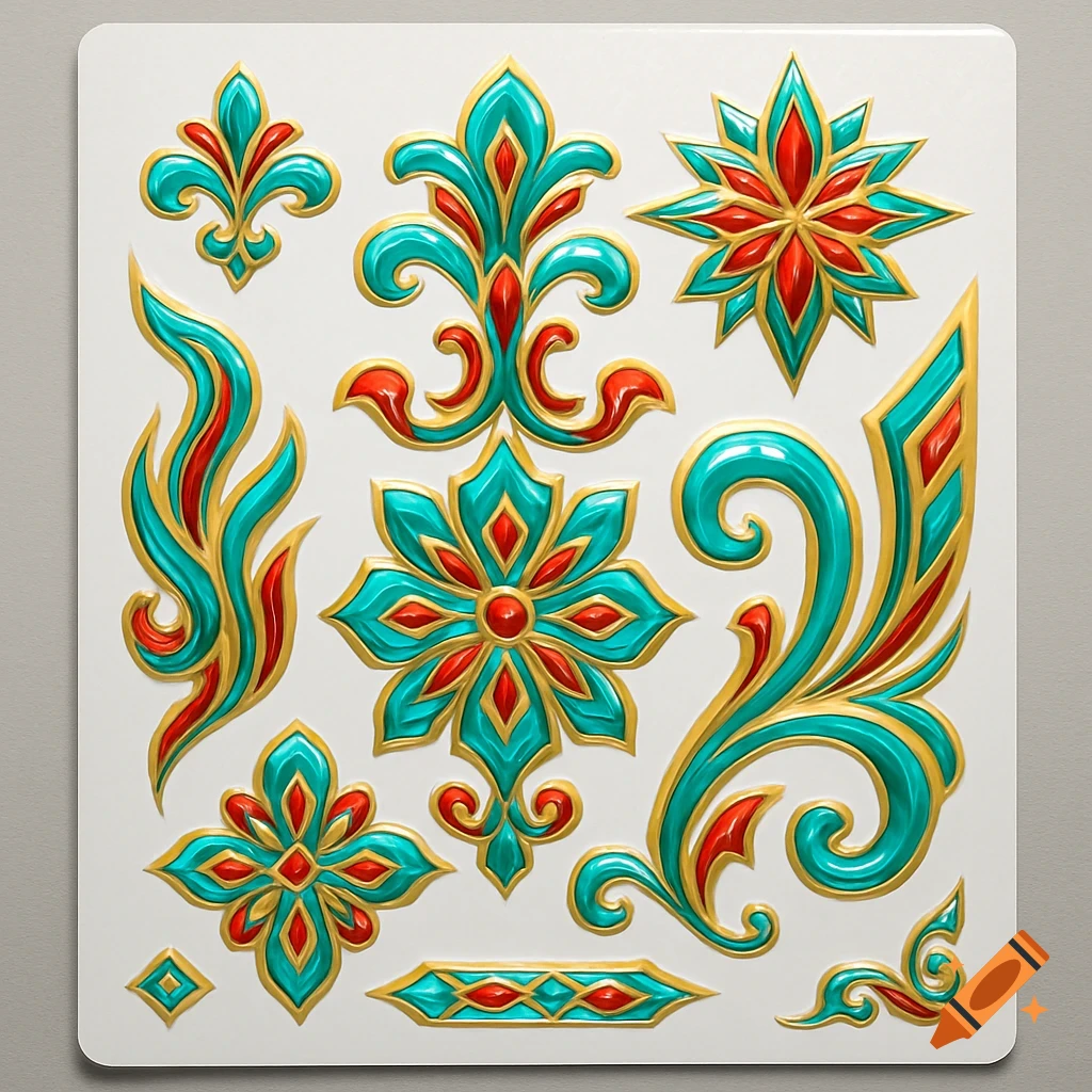 A sheet of ornate decorative patterns in red, teal, and gold on a white background.