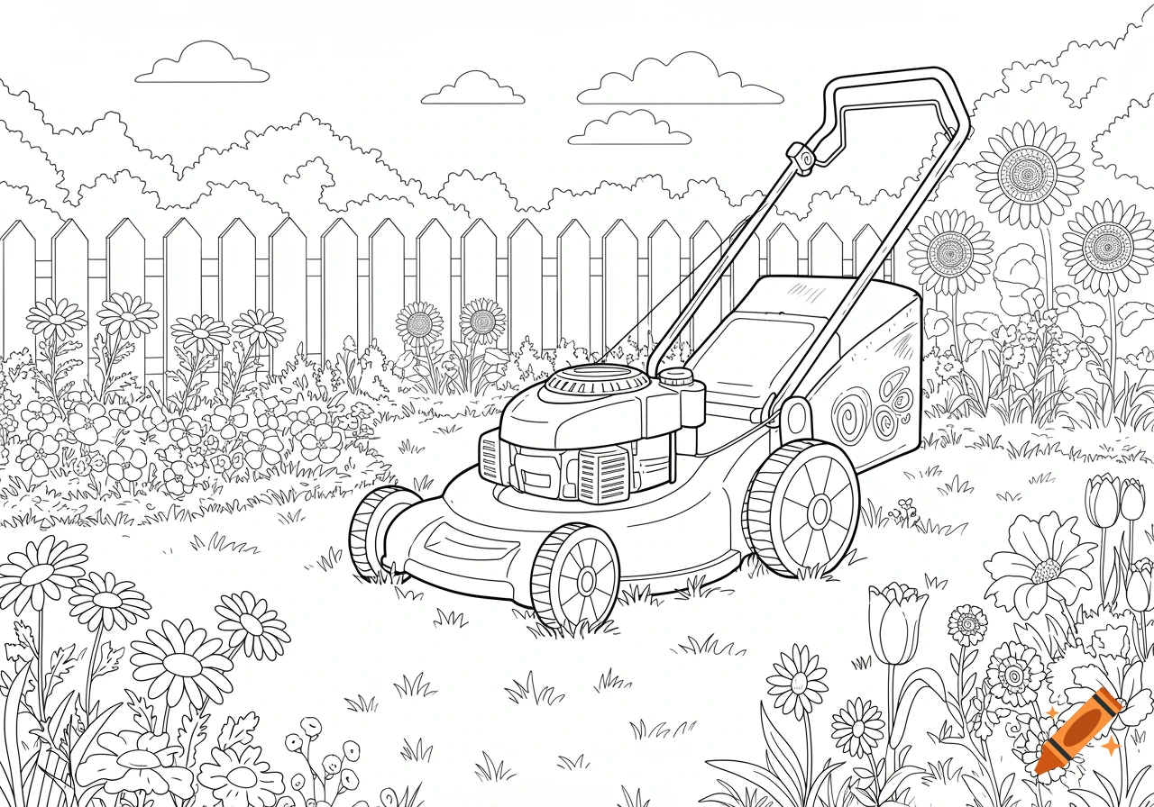 A black and white line drawing of a lawnmower in a garden with flowers and a fence, designed as a coloring sheet.