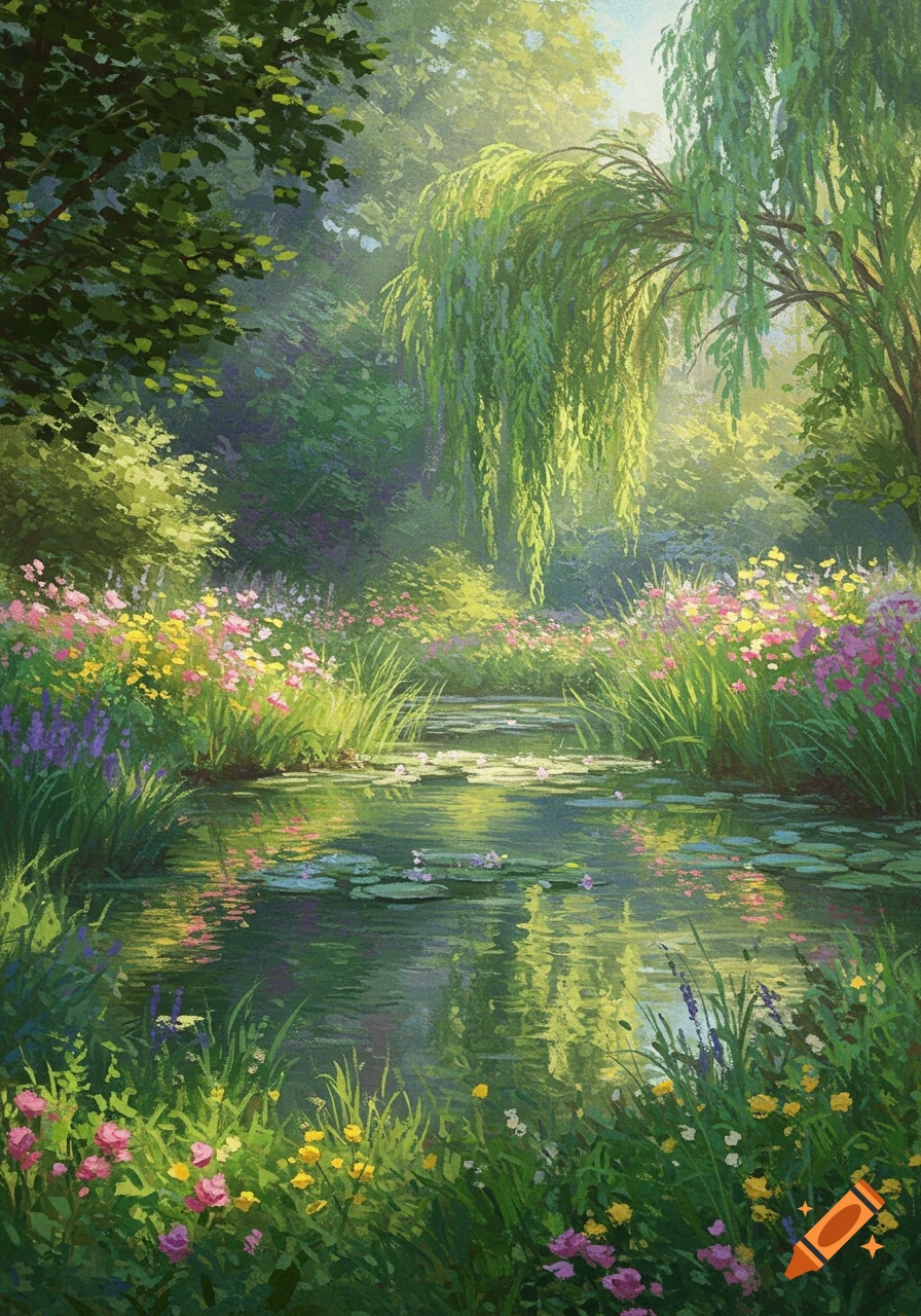 A Vibrant Impressionistic Painting Of A Sunlit Garden With A Stream ZIAkLy6rS4WcJdtnKBSZIg.webp