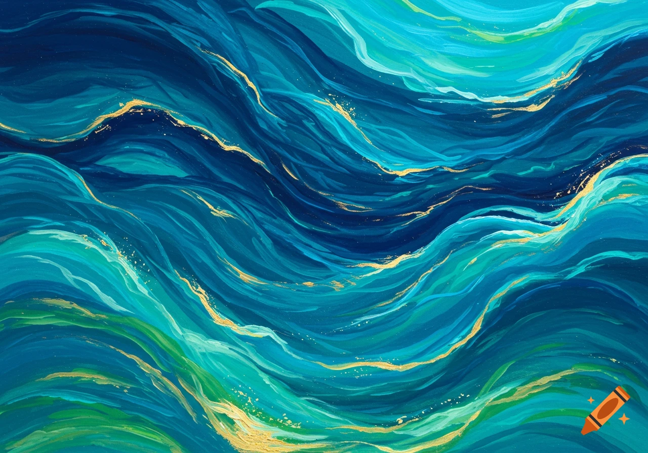 Abstract painting with swirling blue, green, and gold colors, resembling ocean waves.