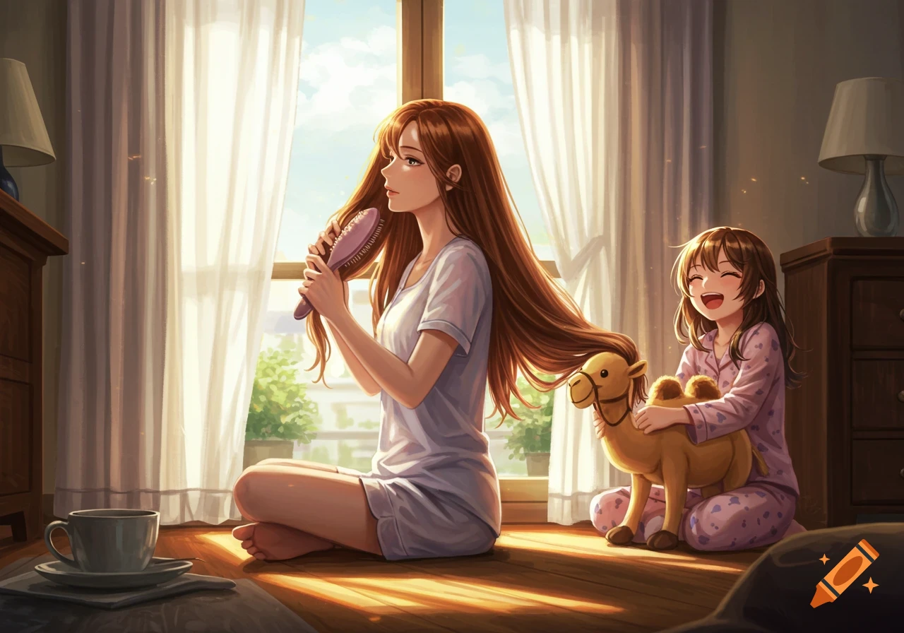 A woman brushes her long hair by a sunny window while a young girl plays with a stuffed camel in an anime illustration.