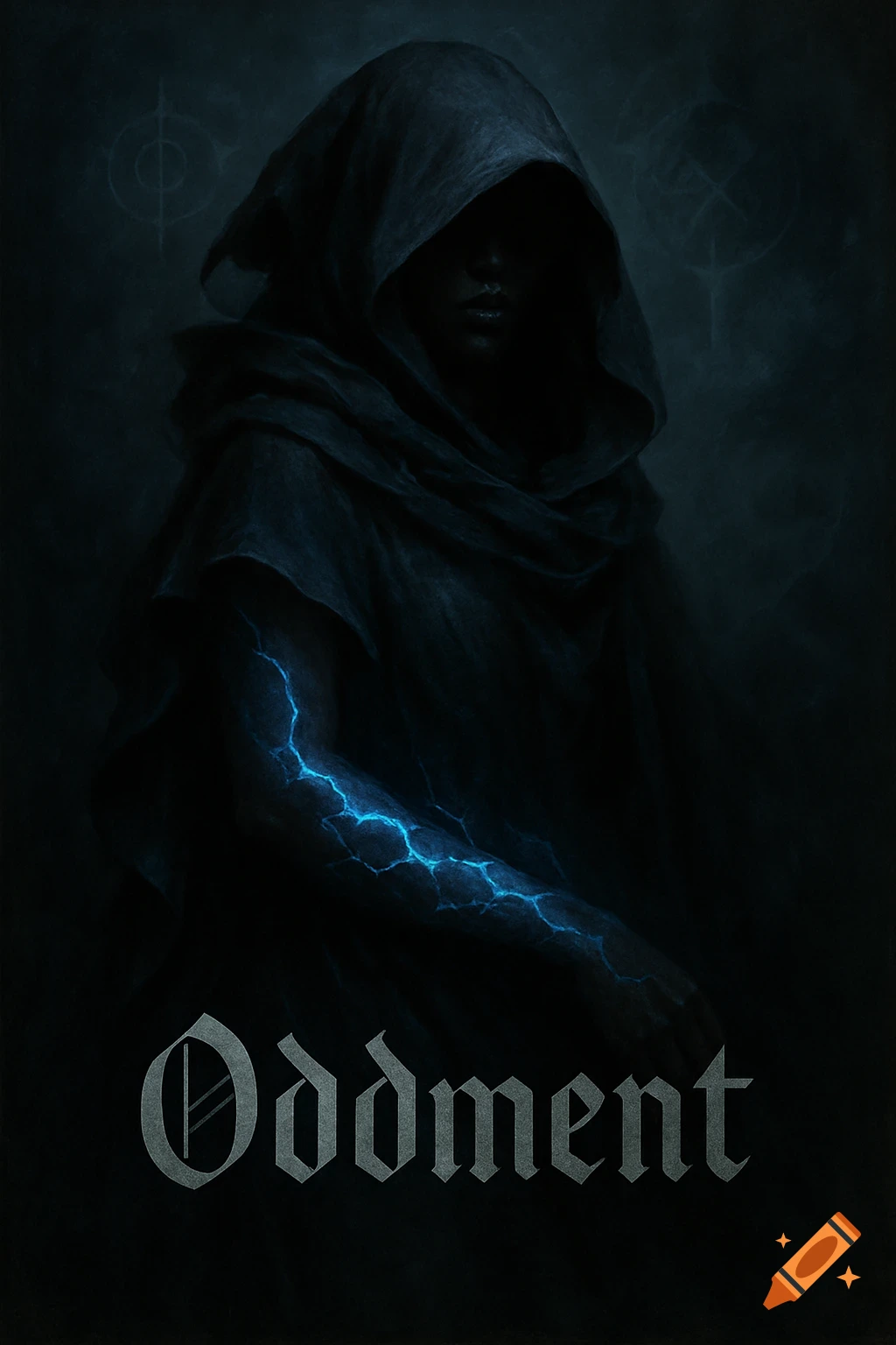 A dark, mysterious hooded figure in a black robe with blue lightning on their arm, in a charcoal art style. The word 'Oddment' is below.