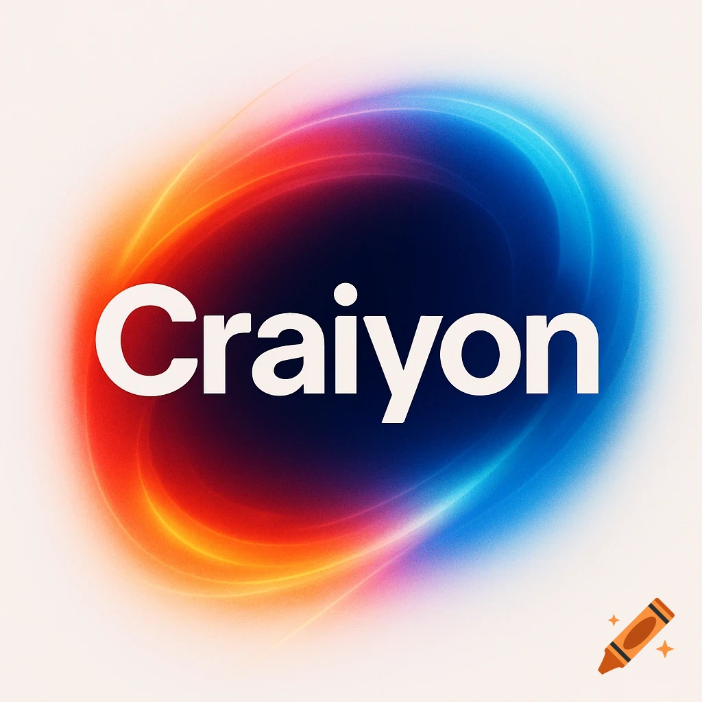 The word Craiyon in white over a central abstract swirl of red, orange, blue, and purple light, fading into a light background.