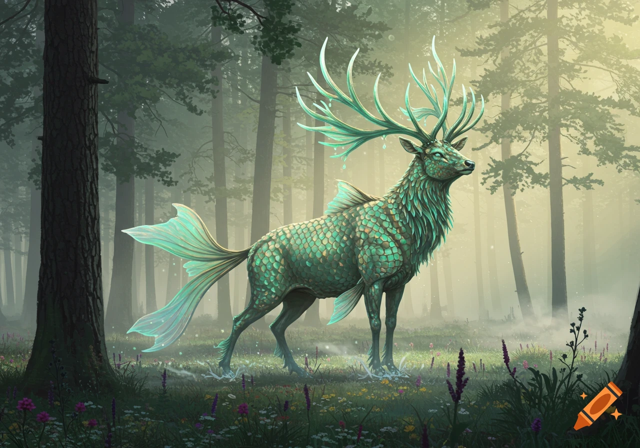 A majestic fantasy creature, a carp-scaled elk with fins and glowing antlers, stands in a misty, sunlit forest with wildflowers.