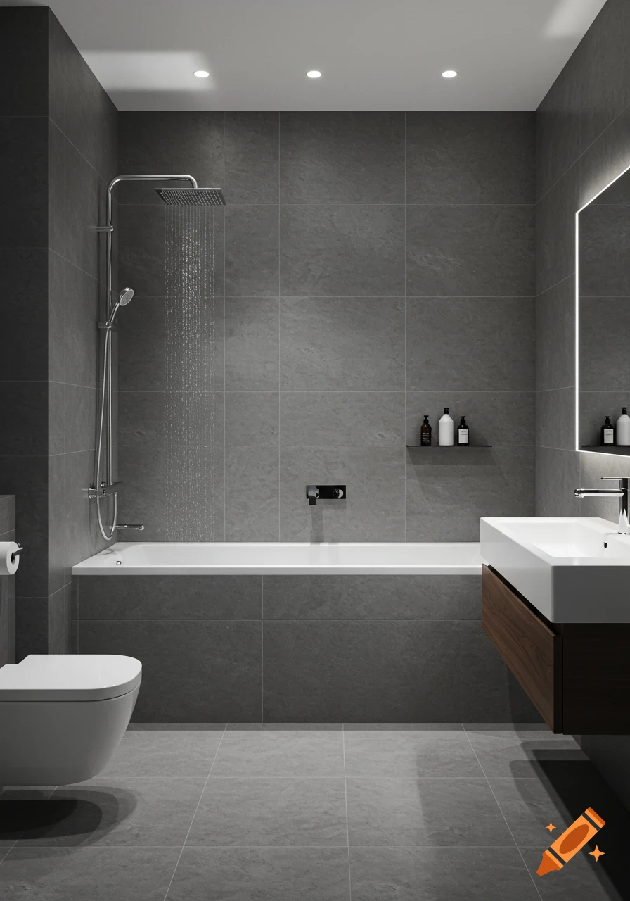 A modern bathroom with grey tiled walls and floor, a white bathtub, shower, wall-mounted toilet, and a sink with a wooden vanity.