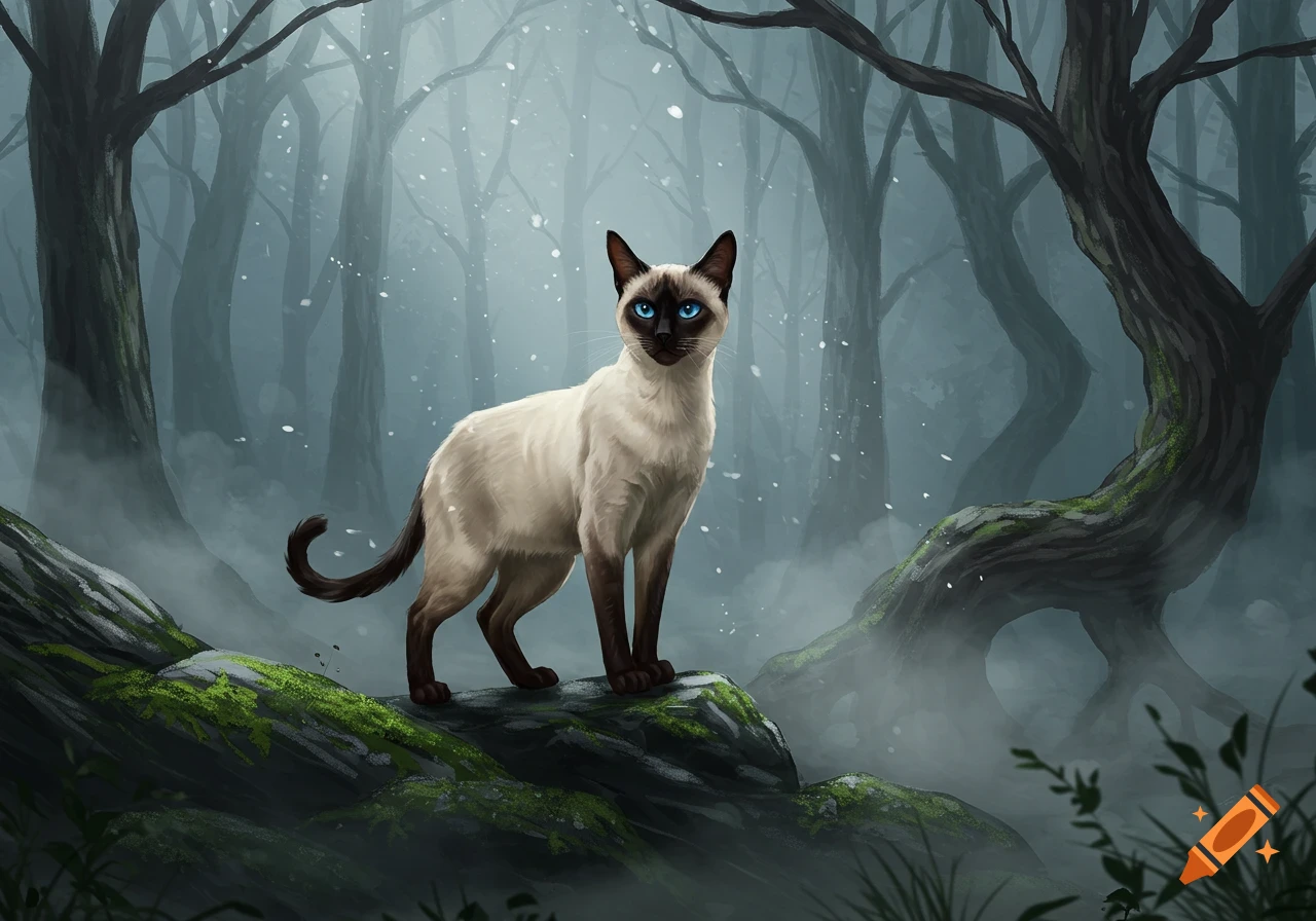A Siamese cat with bright blue eyes stands on a mossy rock in a misty, dark forest.