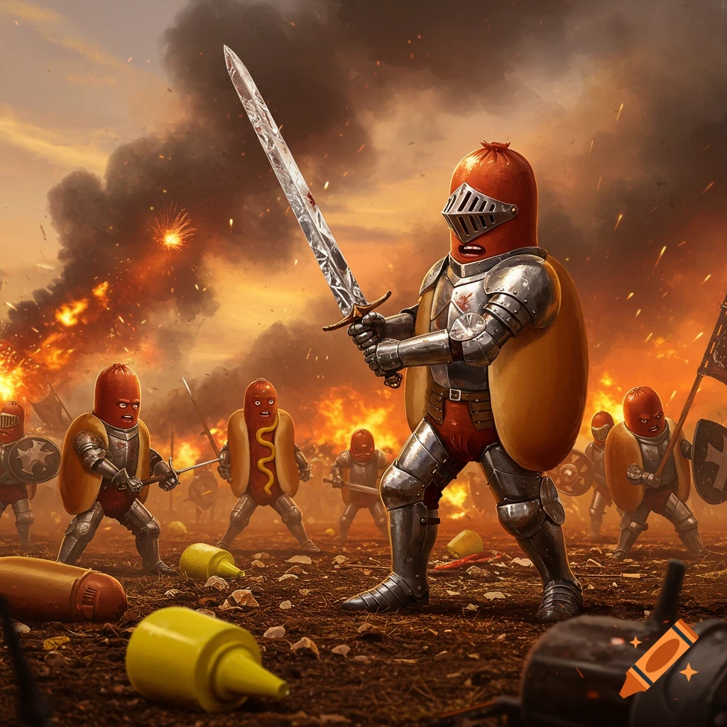 Anthropomorphic hot dog knights battle on a fiery, smoky battlefield with fallen mustard bottles, wielding swords and wearing armor.