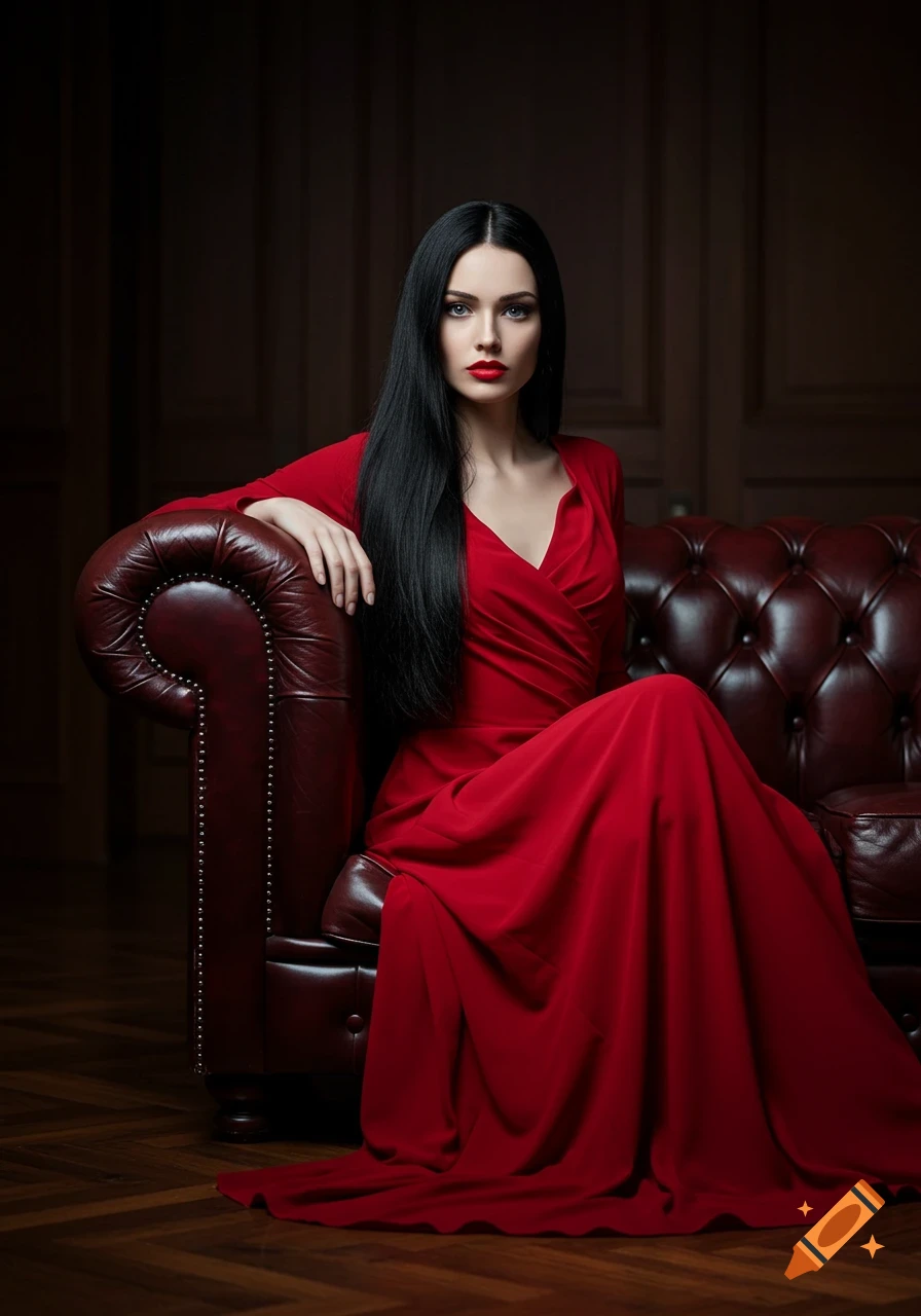 A woman with long black hair and a red dress sits elegantly on a leather sofa in a dimly lit room. Photorealistic.