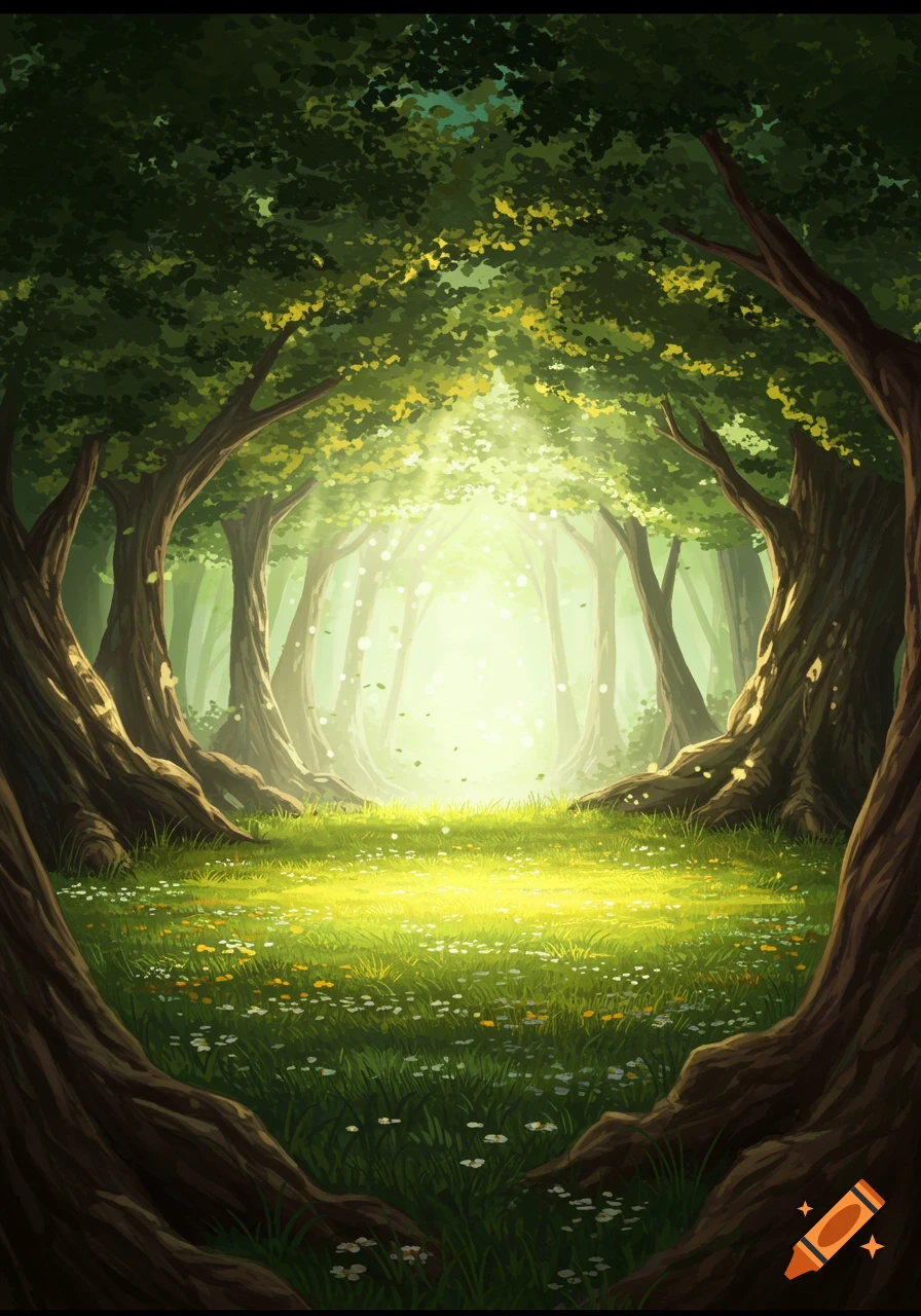 Serene forest clearing with lush green grass and trees, bathed in glowing sunlight. Stylized art.