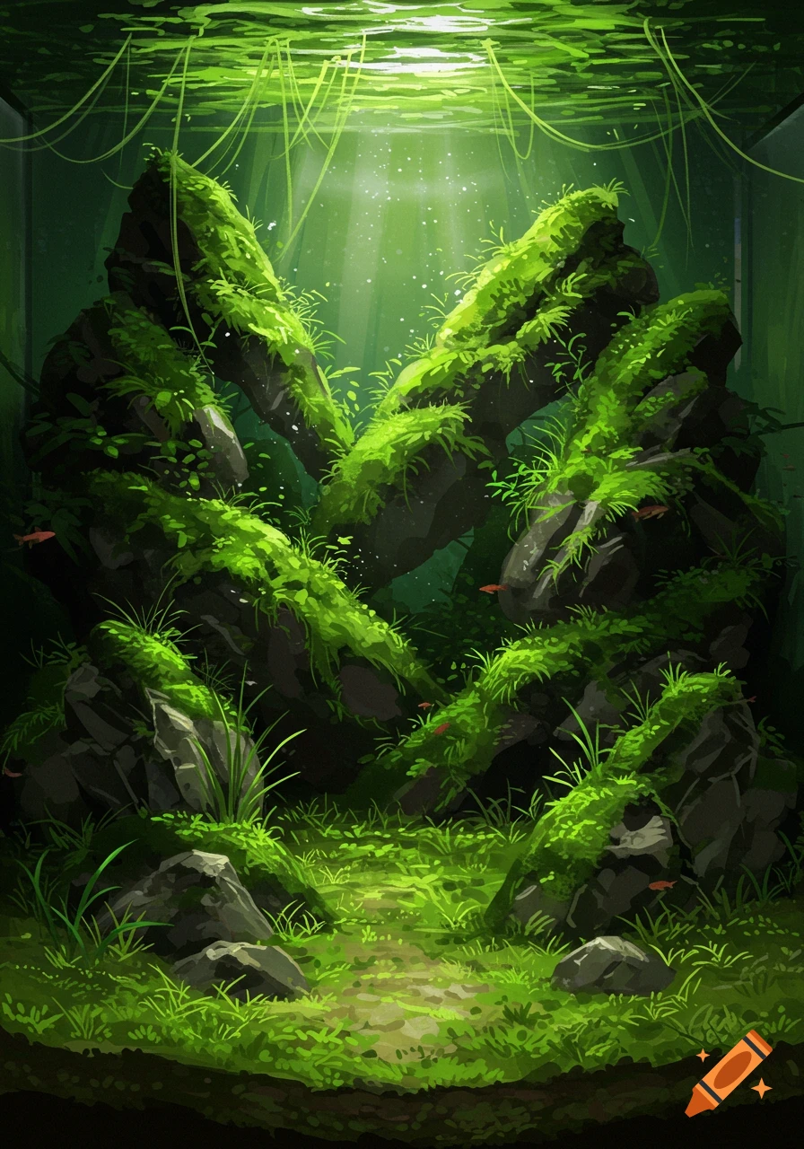 Vibrant illustration of a planted aquarium with moss-covered rocks and green aquatic plants, illuminated by light rays.