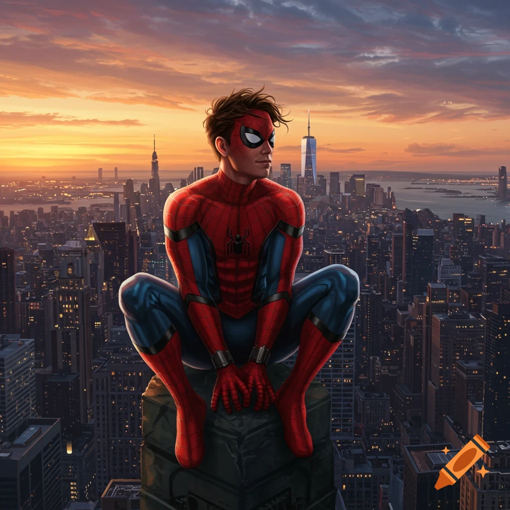Spider-Man sits on a skyscraper, overlooking a city skyline at sunset, his mask partially revealing his face and messy brown hair.