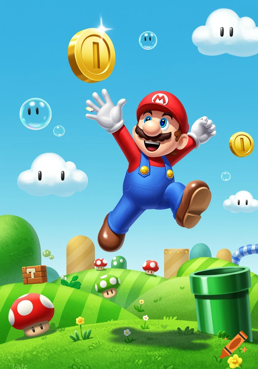Mario jumps excitedly to grab a sparkling golden coin in a vibrant, cartoon-style landscape with green hills, clouds, mushrooms, and pipes.