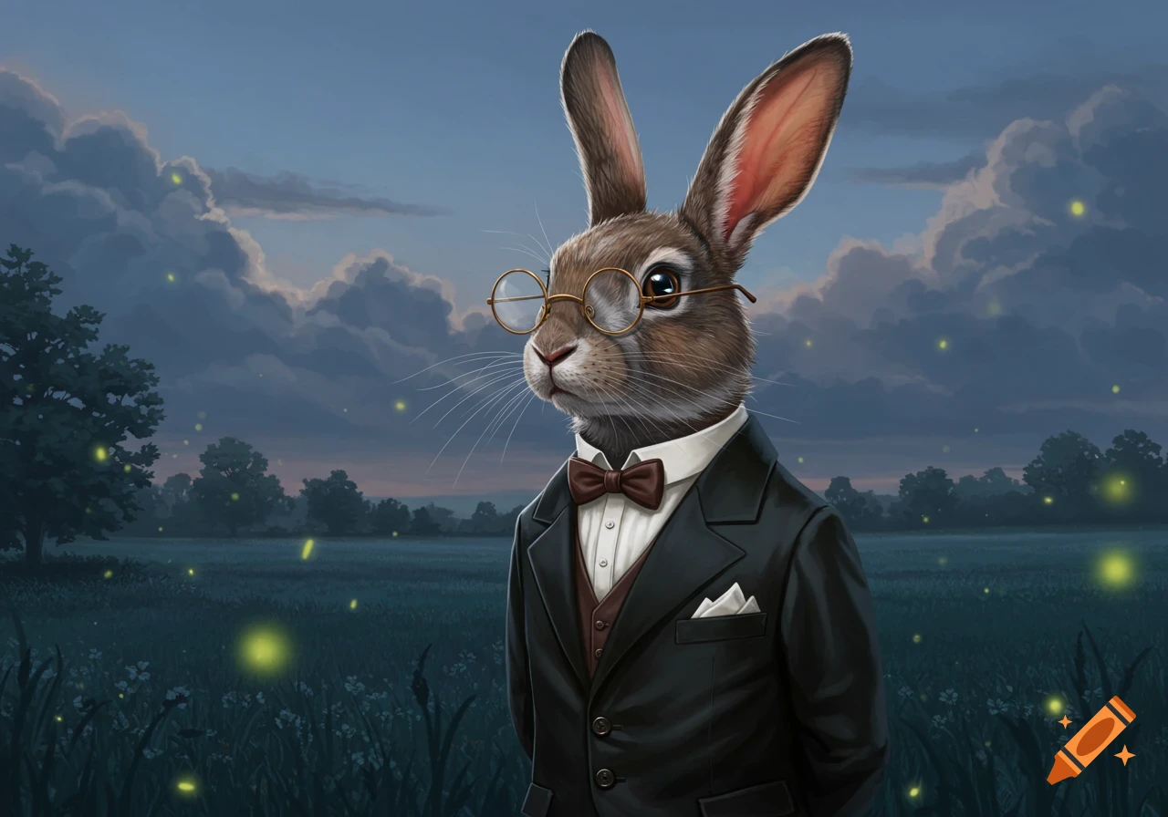 An anthropomorphic rabbit in a tuxedo and glasses stands in a field with fireflies at dusk.