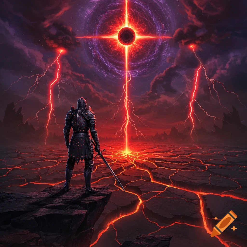 An armored knight stands on a rock overlooking a cracked, glowing red landscape, facing a swirling red and black singularity in a dark, stormy sky with red lightning.