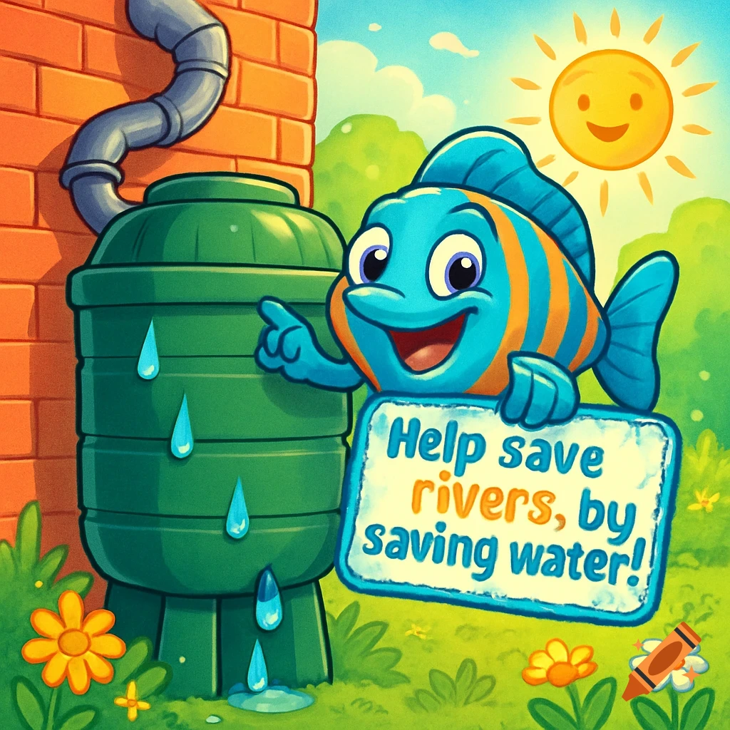 A cartoon fish points at a green rain barrel next to a brick wall, holding a sign that says 'Help save rivers, by saving water!' in a sunny outdoor scene.