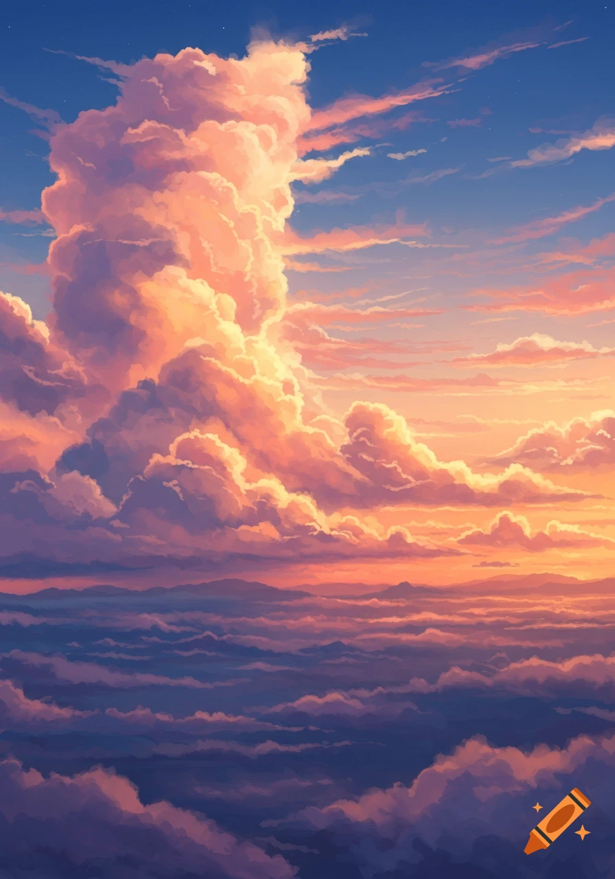Vibrant cumulus clouds painted with orange, pink, and purple hues against a blue sky, resembling a sunset or sunrise.
