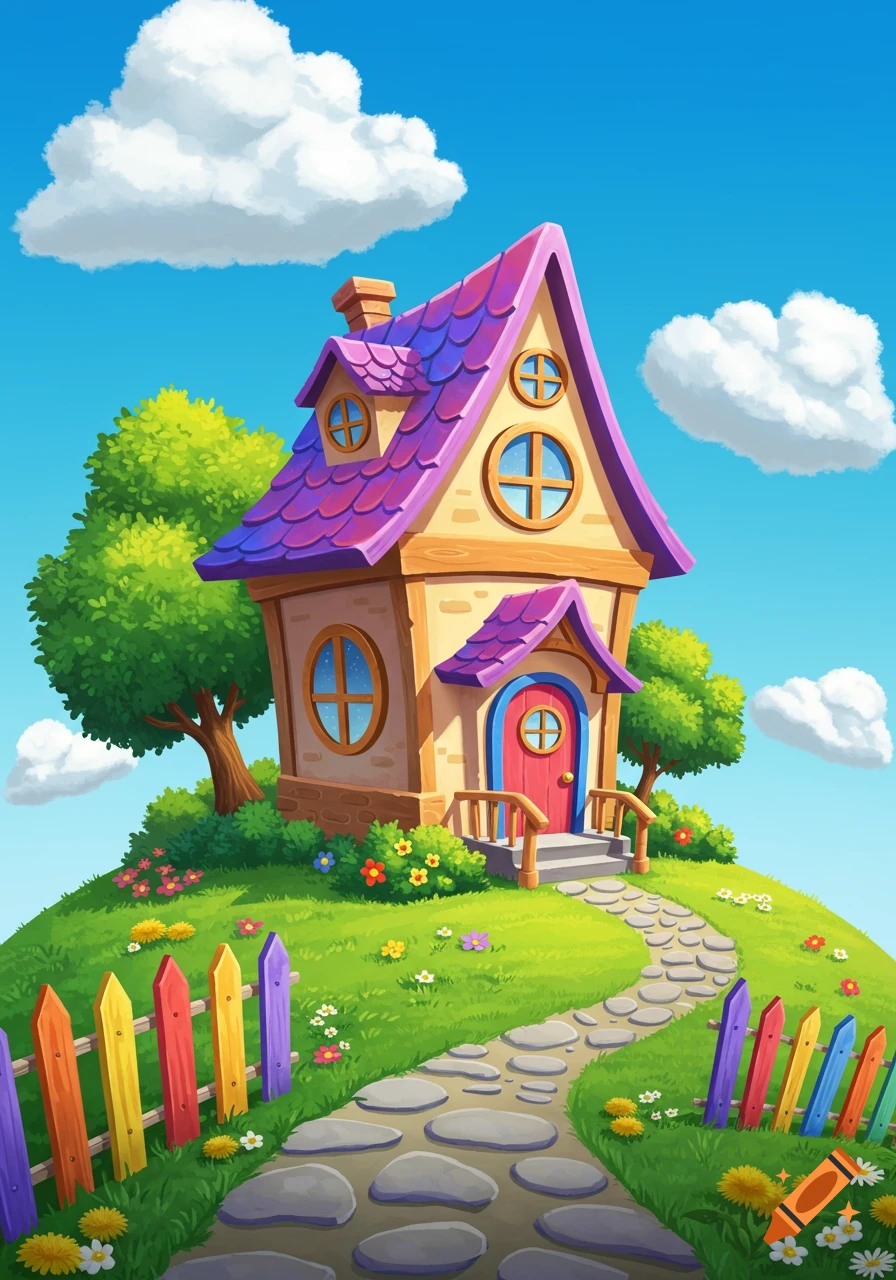 A vibrant cartoon house with a purple roof on a grassy hill, a stone path leading to its red door, surrounded by colorful flowers and a rainbow fence.