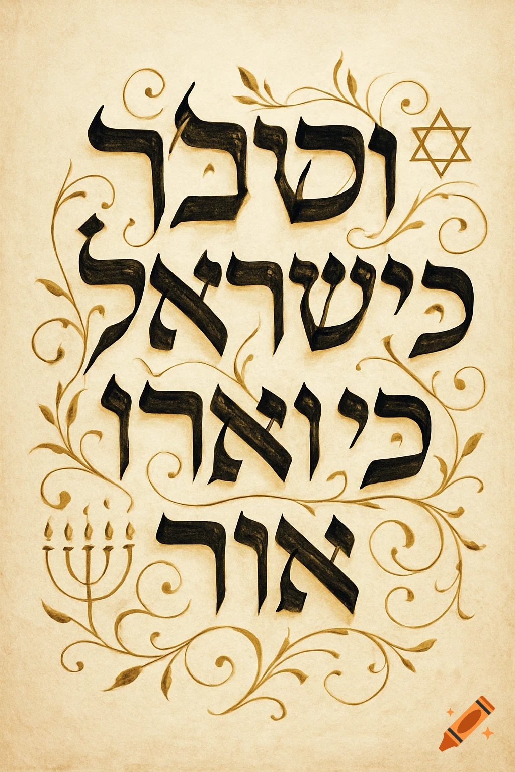 Hebrew calligraphy artwork on parchment with floral vines, a Star of David, and a menorah.