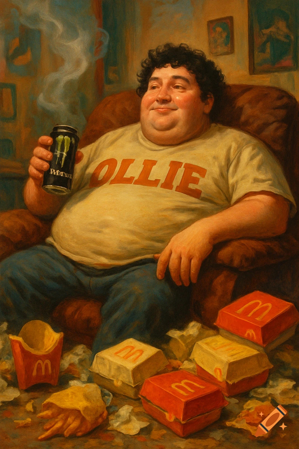 Painting of an overweight man with curly hair lounging in an armchair, drinking a Monster, surrounded by McDonald's boxes.