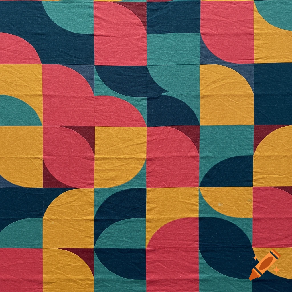 A vibrant quilt pattern made of squares and quarter circles in red, yellow, teal, and dark blue fabrics.