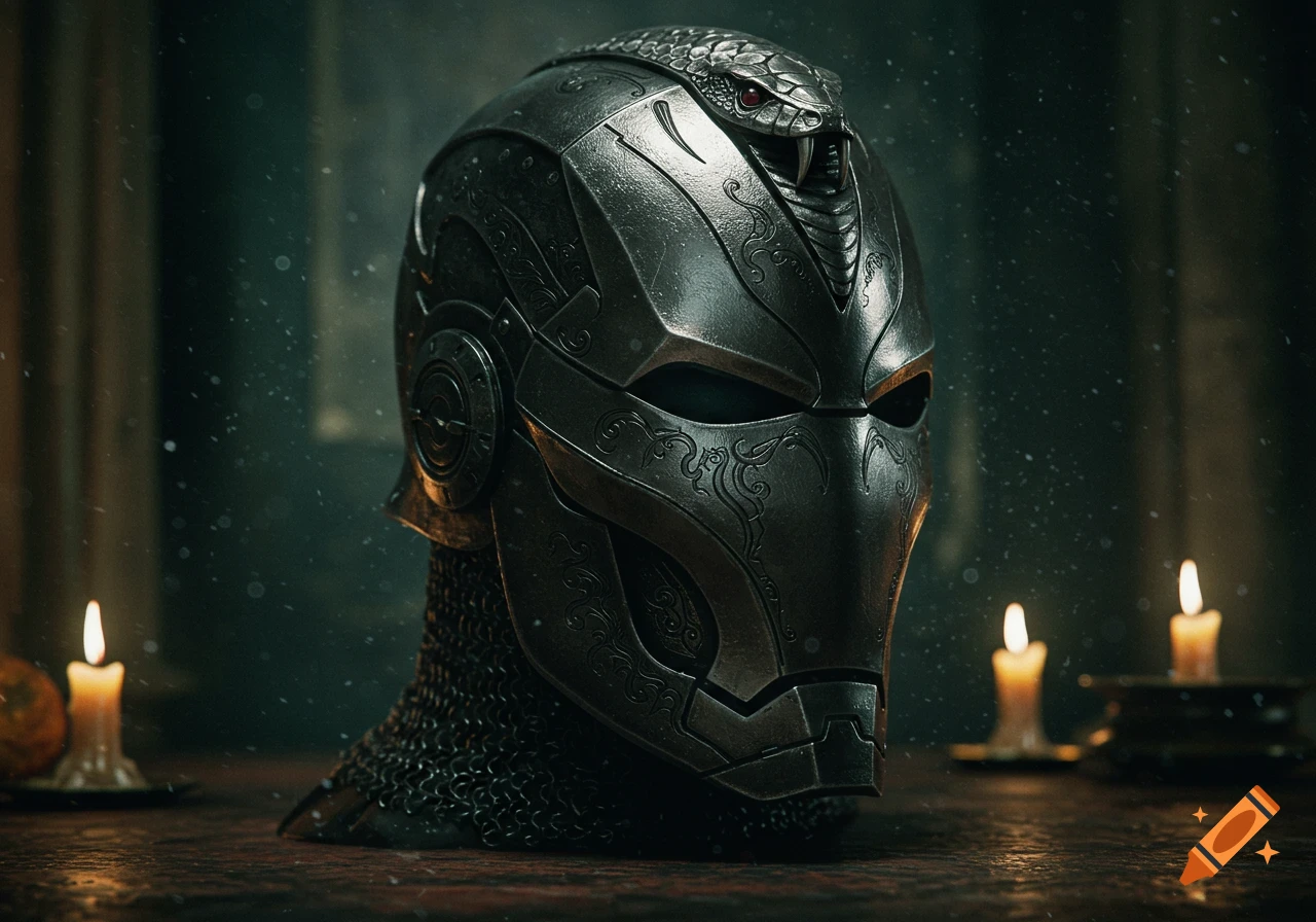 A dark, metallic helmet with a snake head on top, featuring medieval and sci-fi elements, surrounded by candles in a dimly lit room.